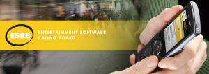 ESRB logo with person holding phone in background