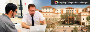 People on computer with Ringling school in background
