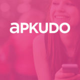 APKUDO logo with image of woman holding phone in background