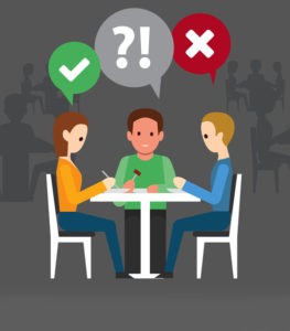 Three cartoon people sitting at table with checkmark, question mark, and x above their head