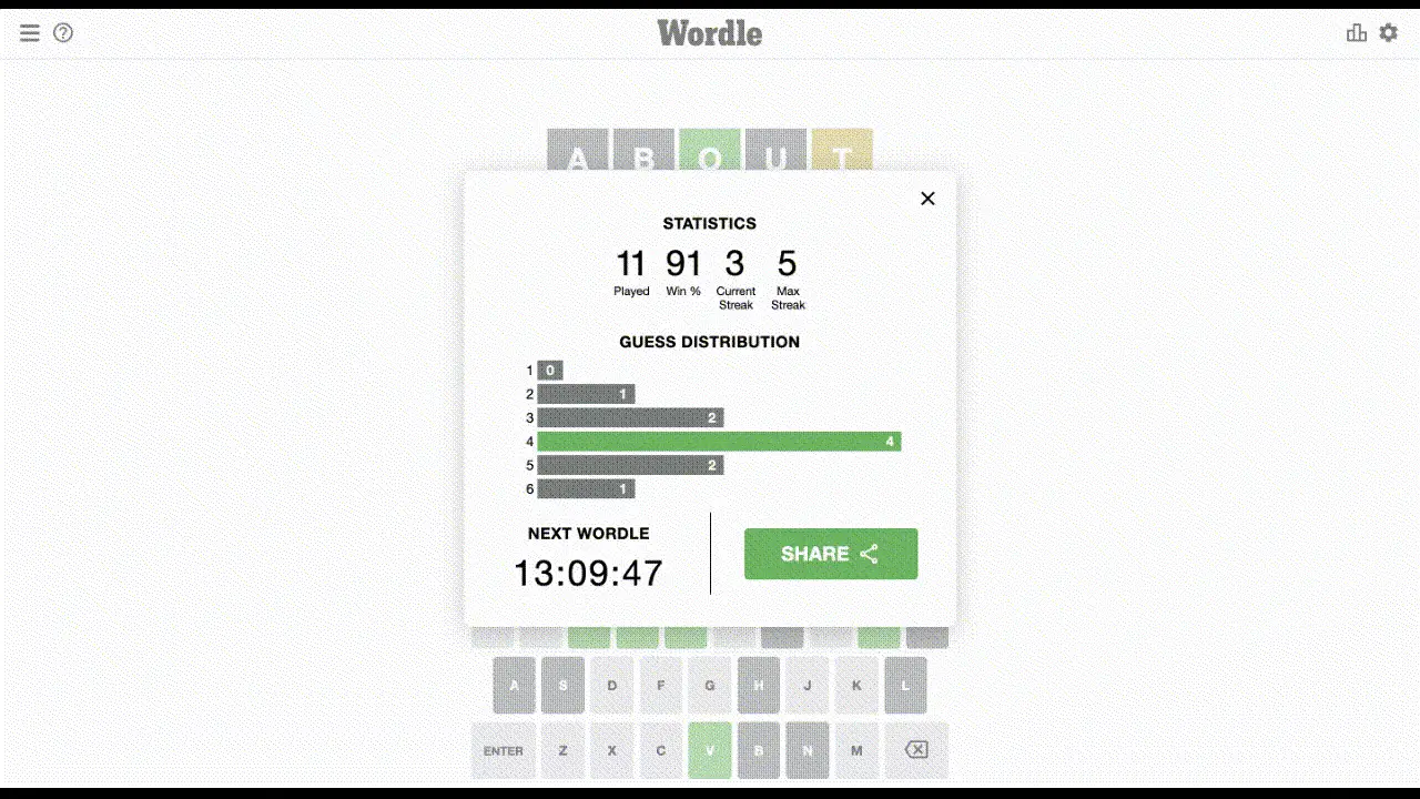 Wordle timer counting down until the next puzzle becomes available