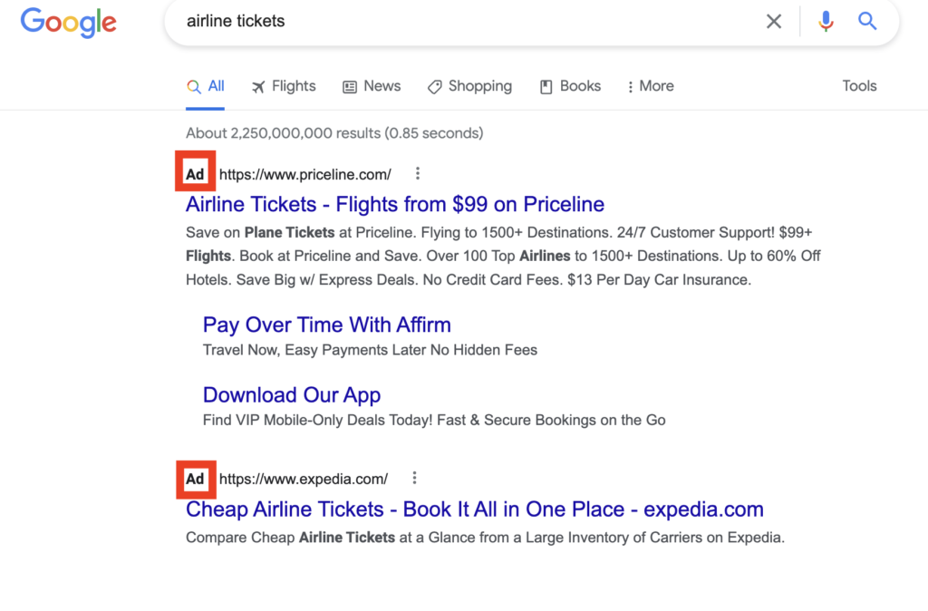 Google AdWords Results for Airline Tickets
