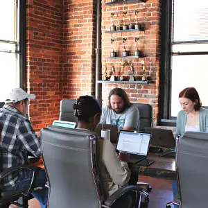 Employees sitting around conference desk