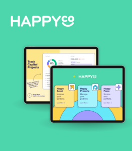 graphic with HappyCo tablet application screens