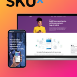 colorful graphic with SKUx custom web design on laptop & mobile screens